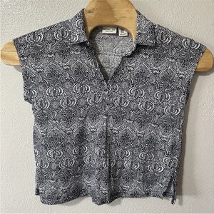 Rachel Zoe Linen Knit Top Blue White Floral Cap Sleeve Blouse Collared Medium‎